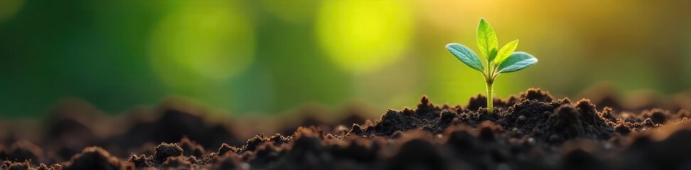 A small green seedling is carefully planted in rich, dark soil, new life emerging from the earth Sunlight gently illuminates the scene, promising growth and abundance , nature, future, healthy