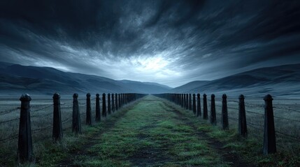 Fototapeta premium Bone fence under the spiral pillar concept. A dramatic landscape featuring a path under a stormy sky.