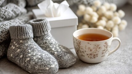 Puffy remedy for cold and fatigue concept. Cozy scene with warm tea and knitted socks for comfort.