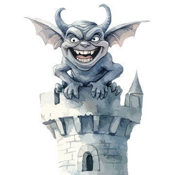 Grinning Gargoyle with Horns Perched Atop a Stone Tower