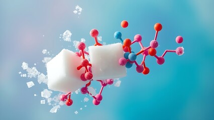 Floating sugar cubes dissolving into vibrant molecular structures, depicting metabolic balance.