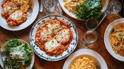 Family style dinner table with plates of chicken parmigiana, pasta, and fresh green salad in cozy homestyle Italian meal setting