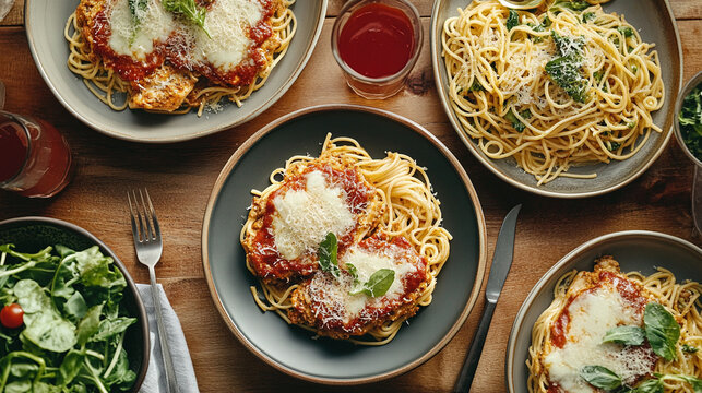 Family style dinner table with plates of chicken parmigiana, pasta, and fresh green salad in cozy homestyle Italian meal setting - Powered by Adobe
