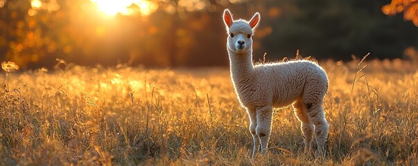 A fluffy white alpaca standing in a sunlit field