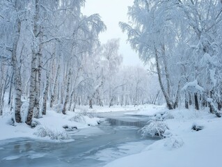 Winter wonderland in Daxingan Mountains, snow-covered forest landscape with serene birch trees and frozen river, idyllic winter scene.