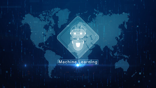 Robot icon and machine learning concept on digital world map background, representing artificial intelligence and big data analytics. Technology digital abstract background. 3d Rendering - Powered by Adobe