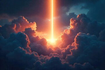 Fototapeta premium A single, bright light beam pierces through dark clouds, symbolizing hope, innovation, and a path to the future A powerful image of inspiration and breakthrough , progress, divine