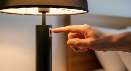 Gentle finger flips switch on modern lamp, casting warm inviting light