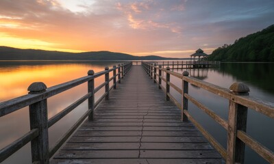 Wooden pier at sunrise over calm lake