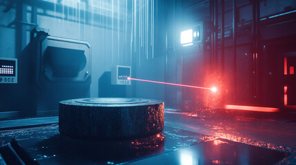 Futuristic laser scanner in use with beams of light sweeping over object scanning shape and converting into 3D digital model