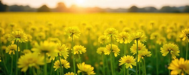 Obraz premium Vibrant field of rapeseed flowers in full bloom, bathed in golden sunlight A stunning display of nature's beauty, perfect for spring and summer themes , botany, yellow