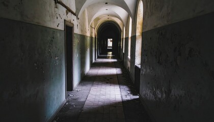 Obraz premium Abandoned corridor with peeling paint and eerie atmosphere in a deserted building during the day