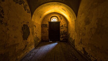 Fototapeta premium Abandoned corridor with peeling paint and mysterious door illuminated by soft light from window above