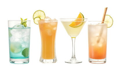 Fototapeta premium Assorted Refreshing Summer Cocktails with Citrus and Herbs Isolated on White