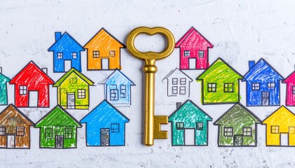 Gold key among colorful sketched houses