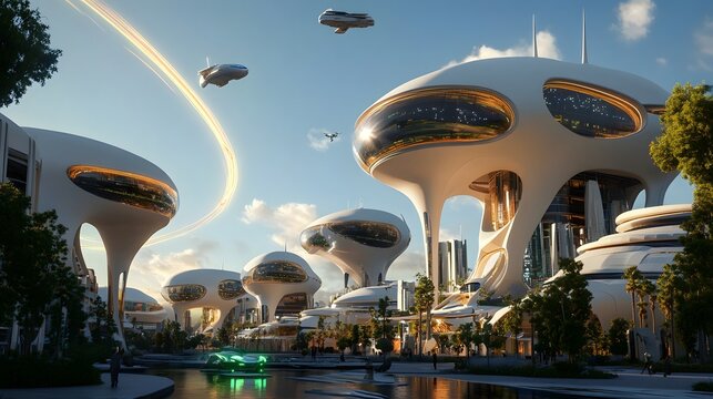 Futuristic Cityscape with Flying Cars and Unique Architecture Design - Powered by Adobe