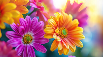 Obraz premium Two vibrant, colorful daisies with yellow and pink petals, set against a blurred, colorful background with soft, warm hues.