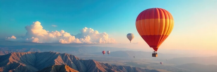 Naklejka premium A vibrant blue sky stretches endlessly above a hot air balloon, promising adventure and breathtaking views Perfect for travel, adventure, and freedom themes , exploration, wind