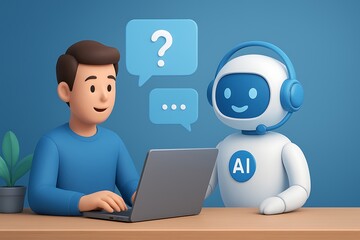 AI agent chat service and customer support. Artificial intelligence helping and assisting customer. Man using laptop computer to ask questions to AI at desk. 3D Rendering