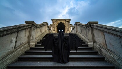 Obraz premium Mysterious figure in black cloak ascending grand staircase under dramatic sky atmosphere