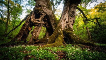 Fototapeta premium Ancient Gnarled Tree with Intricate Details Surrounded by Vibrant Greenery and Delicate Wildflowers