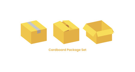 Fototapeta premium Cardboard box vector illustration set. Various styles of open and closed boxes perfect for delivery, shipping, and packaging concepts. Simple flat design