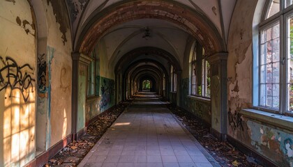 Obraz premium Abandoned Hallway with Archways and Graffiti in an Old Building Surrounded by Nature and Decay