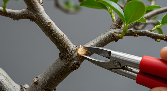 Close-up: Hand pruning a bonsai tree branch with red-handled shears for plant care and gardening hobby - Powered by Adobe