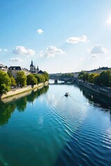 Obraz premium Serene view of the Bordeaux River, reflecting the cityscape and lush green banks on a sunny day Boats gently glide along the calm water, creating a picturesque scene , scenery, picturesque