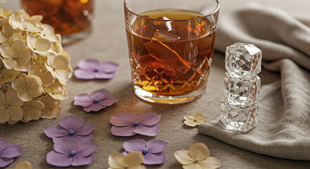 Glass of amber liquid with clear ice cubes and scattered purple flowers on beige surface