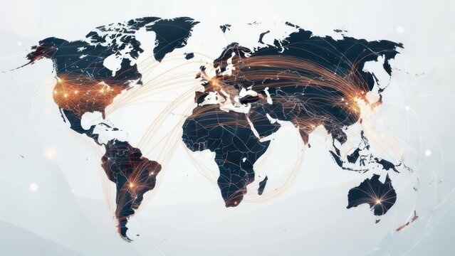 Dynamic World Map with Glowing Orange Lines Illustrating Global Digital Connectivity and Business Flow