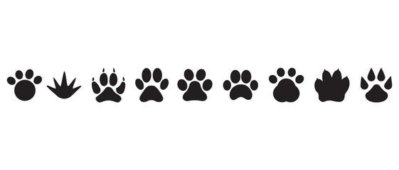 Set of Animal Paw Print Silhouettes. Black Track Icons in Horizontal Layout for Wildlife, Pet, and Nature Design.