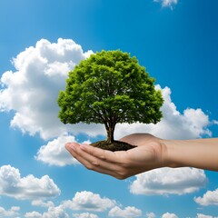 Hands supporting green tree in blue sky