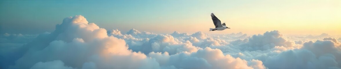 Obraz premium A lone bird soars through a vast, cloud-filled sky, wings outstretched, symbolizing limitless freedom and the boundless possibilities of the open horizon , peace, high