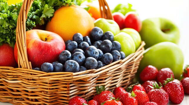 A basket filled with a variety of fruits and vegetables, including apples, oranges, and tomatoes, placed on a white surface with a green leafy vegetable in the background. - Powered by Adobe