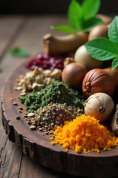 Close-up of assorted dried herbs and medicinal roots used in traditional Eastern medicine, displayed on aged wood A tranquil and natural scene reflecting ancient healing practices , roots, nature