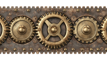 Vintage Brass Gears on Textured Metal Strip Border Design