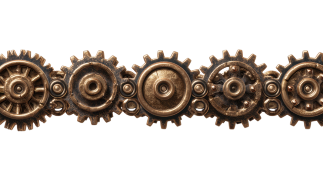 Interlocking Brass Gears on a Decorative Strip Background