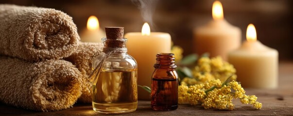 Puffy remedy for cold and fatigue concept. Relaxing spa setup with towels, candles, and essential oils.