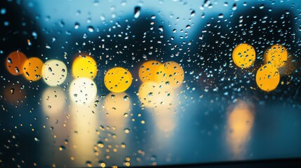 A close up of a car window covered in raindrops with blurred lights in the background at night time