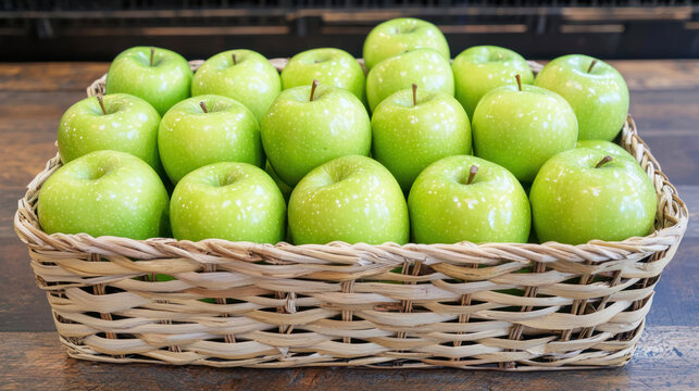 A basket of green apples on a wooden table.