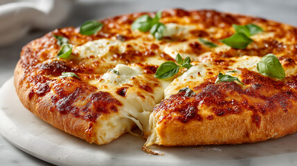Cheese Pizza Delight: A close-up shot captures a delectable pizza, revealing molten cheese, aromatic basil, and golden crust. This image is a celebration of Italian culinary art.