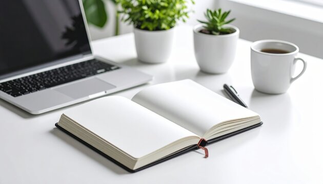 Simple White Workspace With Laptop Notebook And Coffee