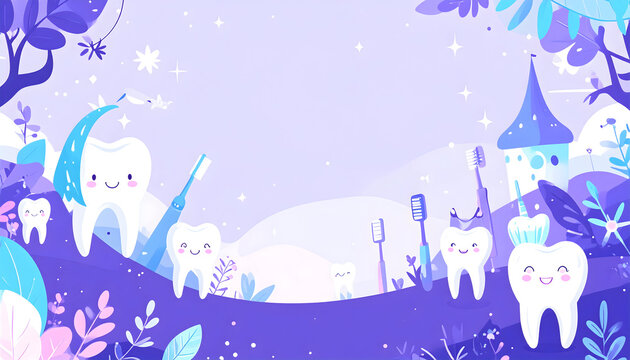 Smiling Cartoon Teeth With Toothbrush And Castle On Purple Background