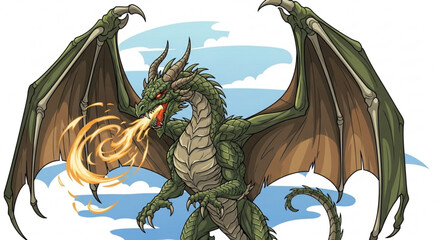 Green dragon breathing fire, a powerful fantasy creature with wings spread wide
