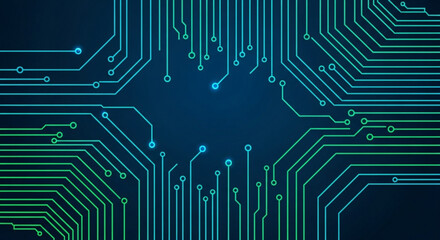 Abstract technology background with circuit board lines and glowing dots in blue and green colors