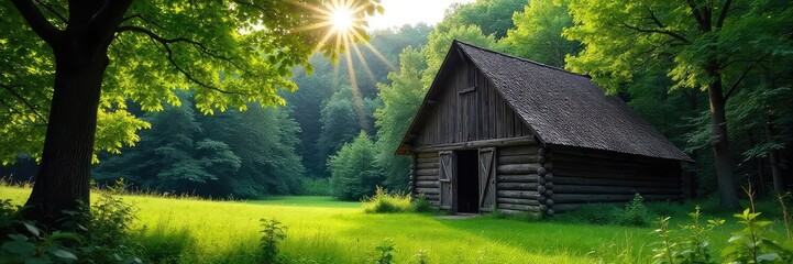Rustic wooden barn nestled deep within a lush, green forest, sunlight dappling through leaves , barn, shadow