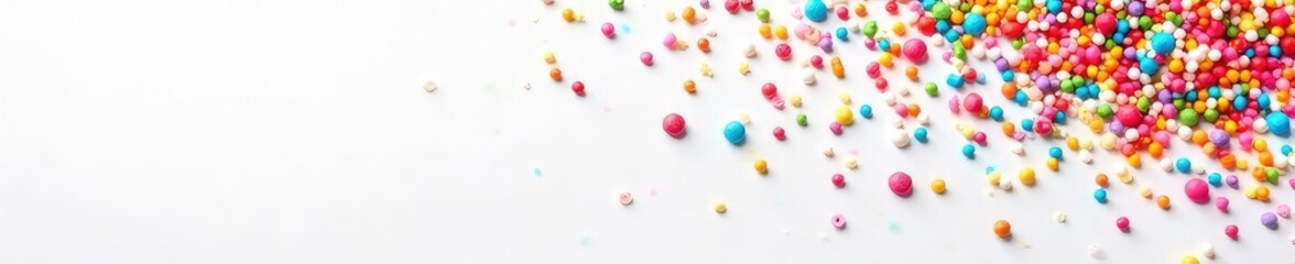 A colorful array of sprinkles, various shapes and sizes, scattered on a white background, perfect for baking and dessert decoration , yellow sprinkles, pink sprinkles, green sprinkles