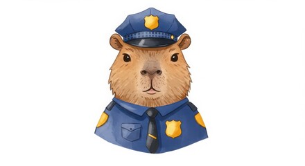 a cute cartoon capybara police officer wearing cap and badge in a whimsical watercolor style illustration