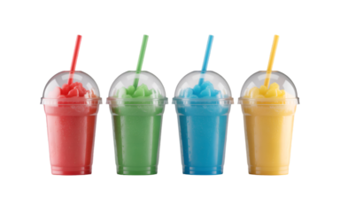 Vibrant Flavors: A captivating display of four brightly colored slushies, each brimming with refreshing, icy goodness, a perfect visual treat on a summer day.